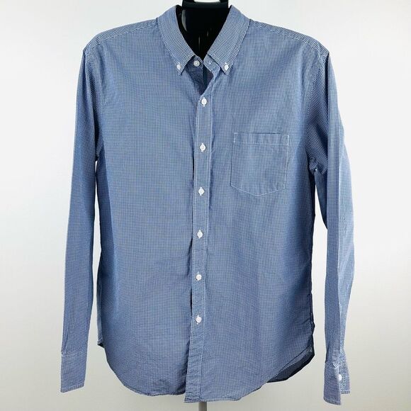 J.Crew Men’s SZ L Blue Micro Gingham Button-Down Shirt Long Sleeve Cotton Casual - Picture 2 of 10